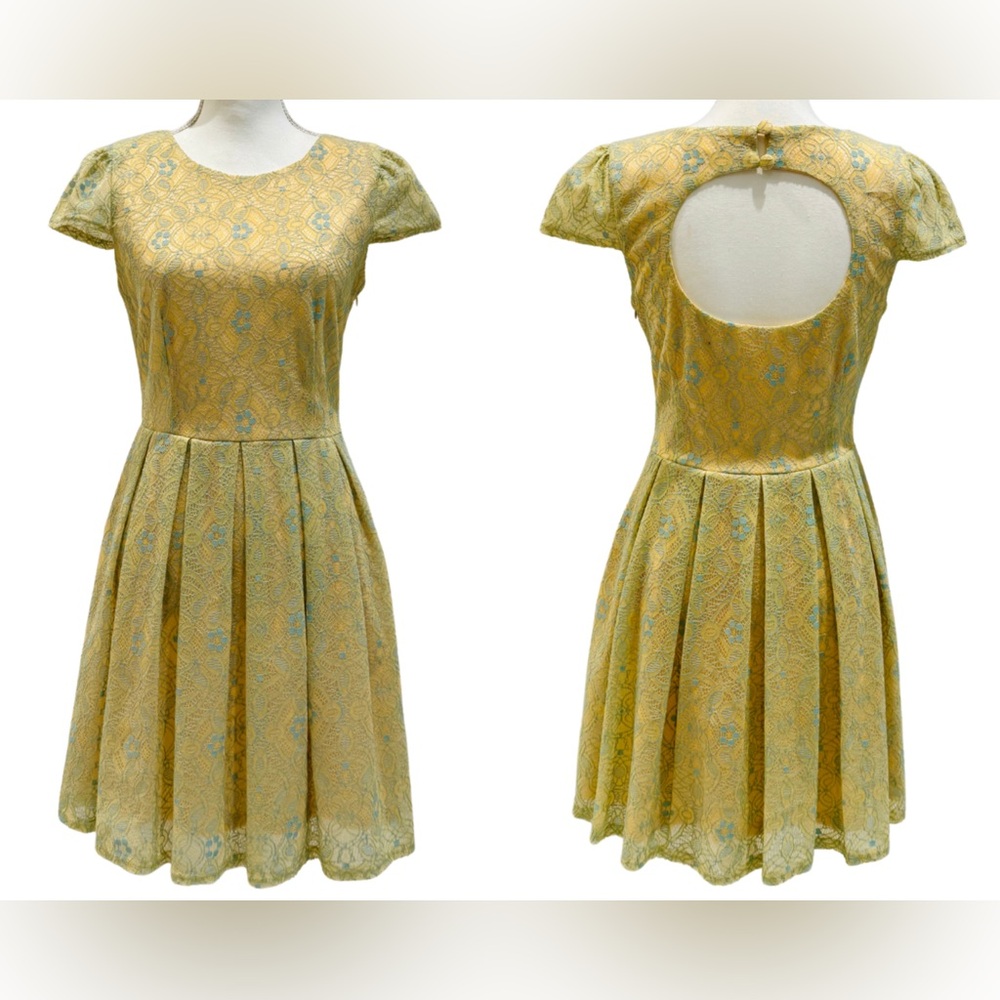 Miami Butter Yellow Lace Fit & Flare Dress | Cap Sleeves & Cutout Back (S)